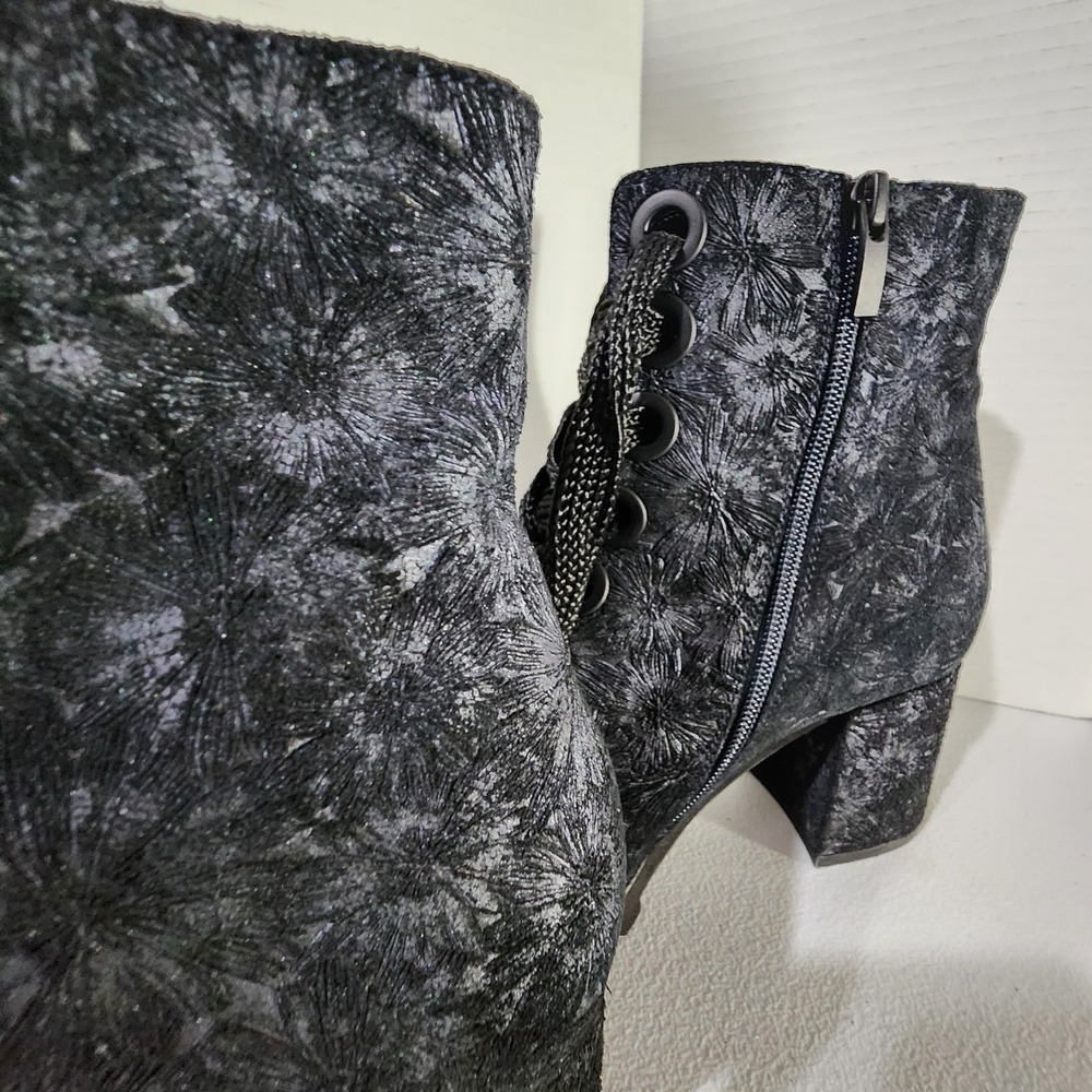 Women Black whimsigoth boots Floral Embossed Lace Up Side Zip Block Heel